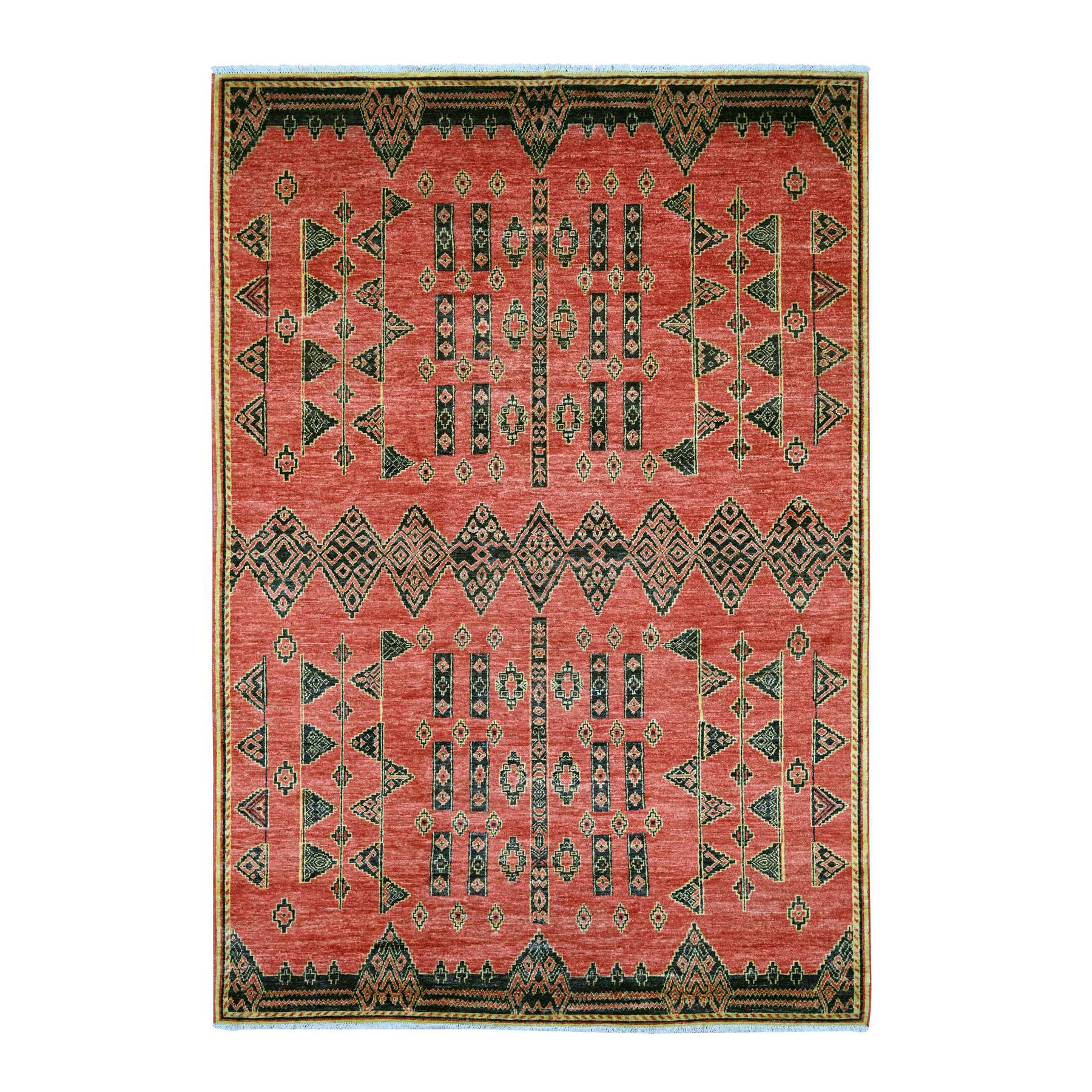 6'1"x9' Crimson Red, Densely Woven, Hand Knotted, Soft And Shiny Wool, Peshawar with Berber Influence Geometric Pattern, Natural Dyes, Oriental Rug 